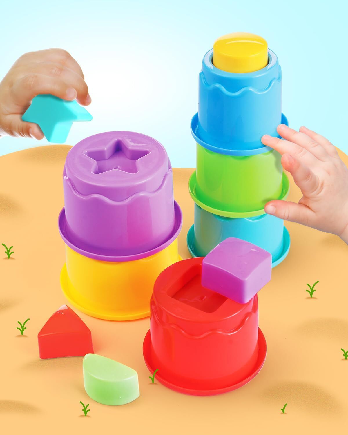 intellibaby 12 Pcs 3in1 Shape & Stacking Cups for Sorting & Nesting Play for Baby| Non-Toxic-picture-14