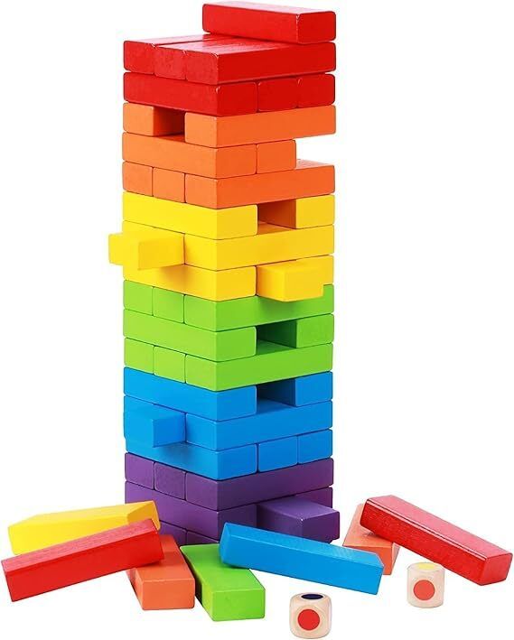 fun factory Wooden Building Blocks, 54 Pieces Colourful Tower Stacking Game with 2 Dice,-picture-17