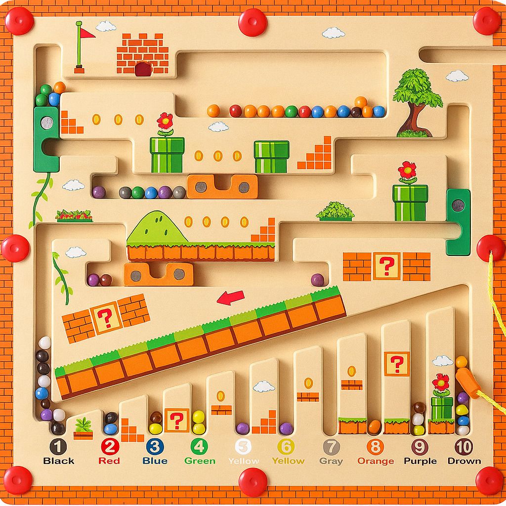 Wooden Magnetic Maze Board for Kids | Super Mario Color & Number Matching Puzzle