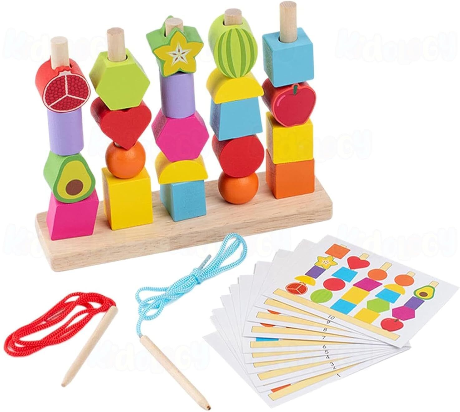 toyswondercart Wooden Shape & Fruit Stacking Puzzle with Threading Strings and Pattern Cards-picture-41