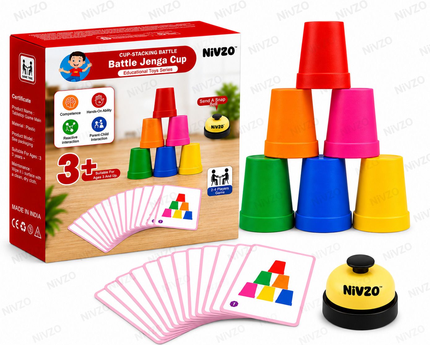 Battle Jenga Cup Stacking Fun Game with Bell & 25 Cards for Kids-image-1