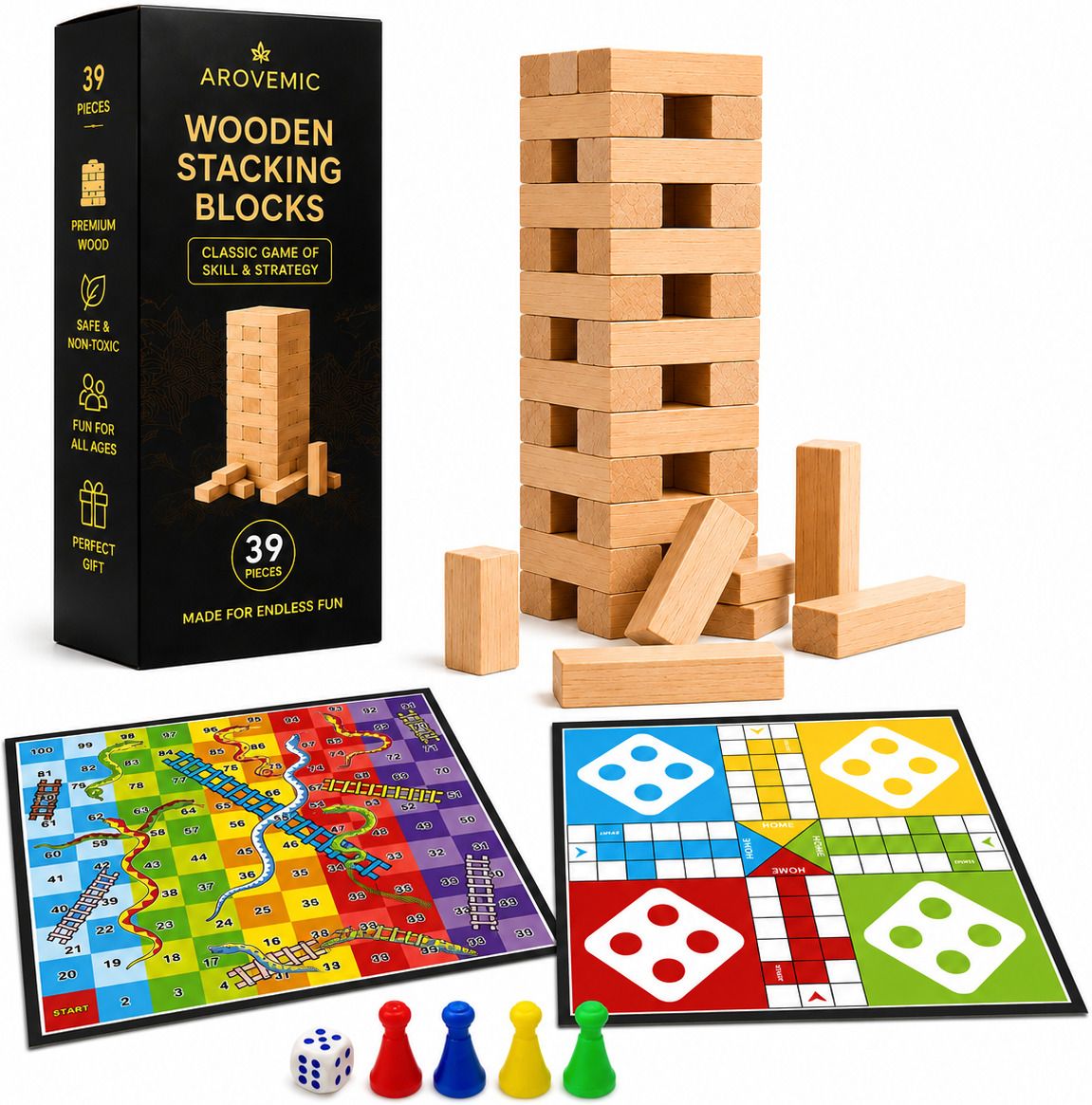 arovemic Jenga Game + Ludo with Snake and Ladders | Wooden Stacking Blocks Tumbling Tower-picture-24