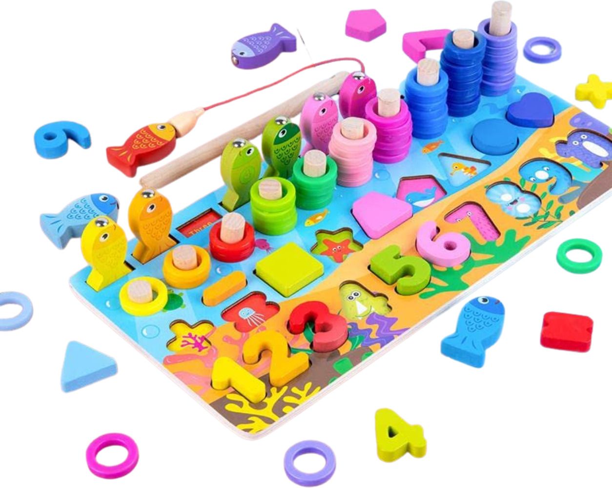 little mind Wooden 6-in-1 Montessori Learning Board | Fishing, Counting & Shape Sorter-picture-32