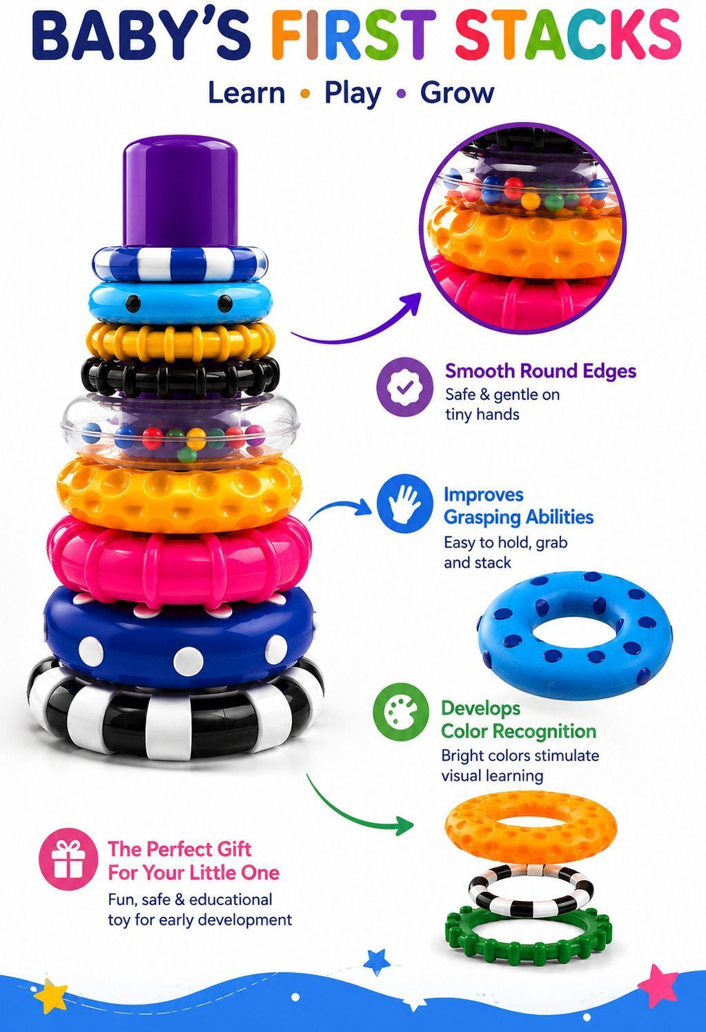 Textured Stacking Rings Set with Straight Post for Babies-image-23