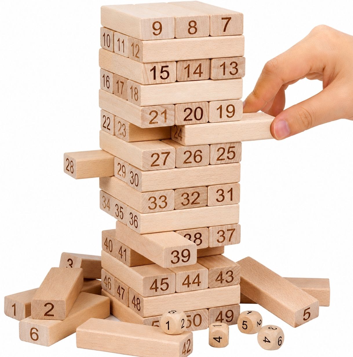 54 Pieces Wooden Stacking Game with 4 Dice | Numbered Building Blocks-image-29