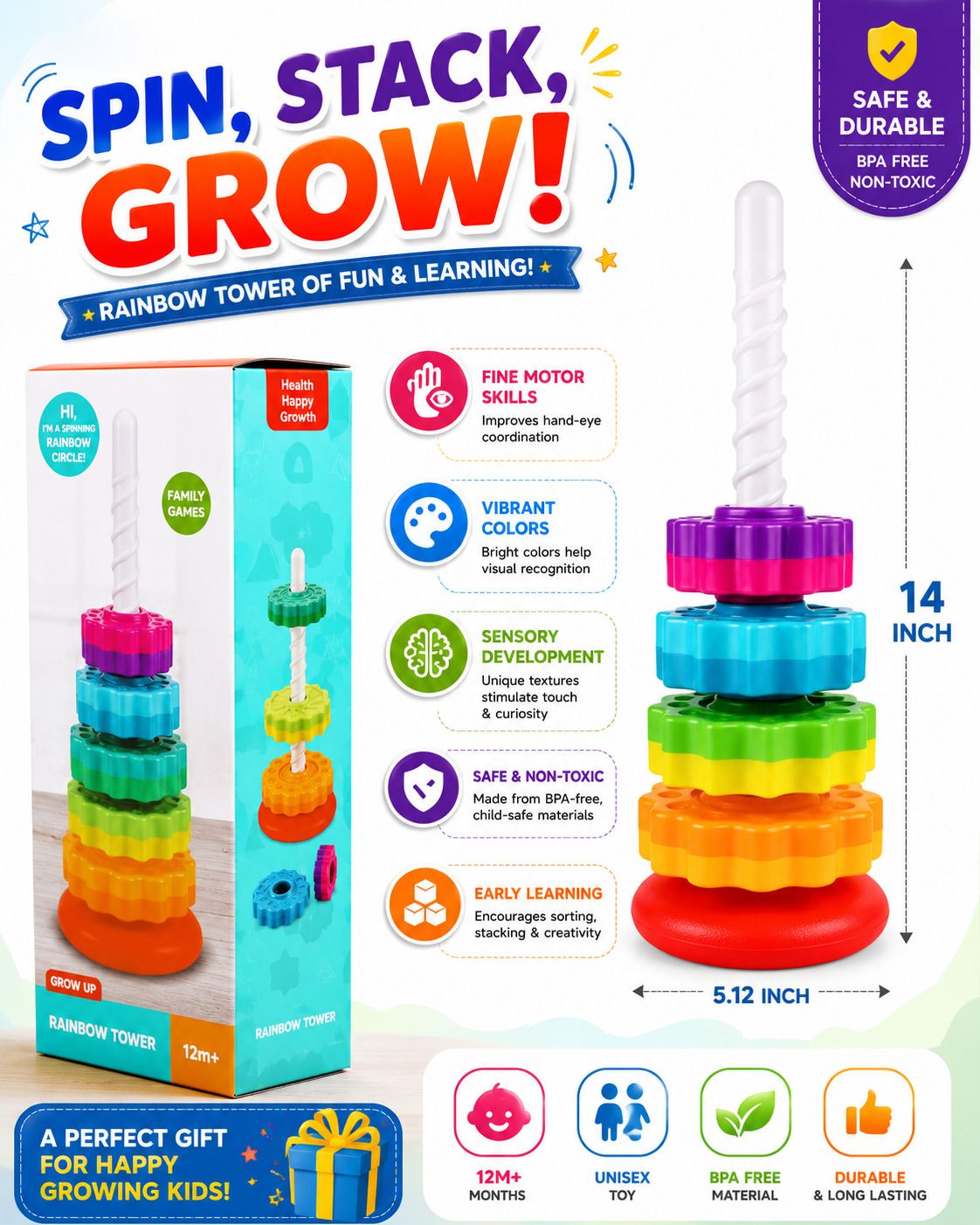 toyonza Rainbow Spinning Stacking Toy for Kids | BPA Free Learning Toy 1+ YR Baby-picture-11