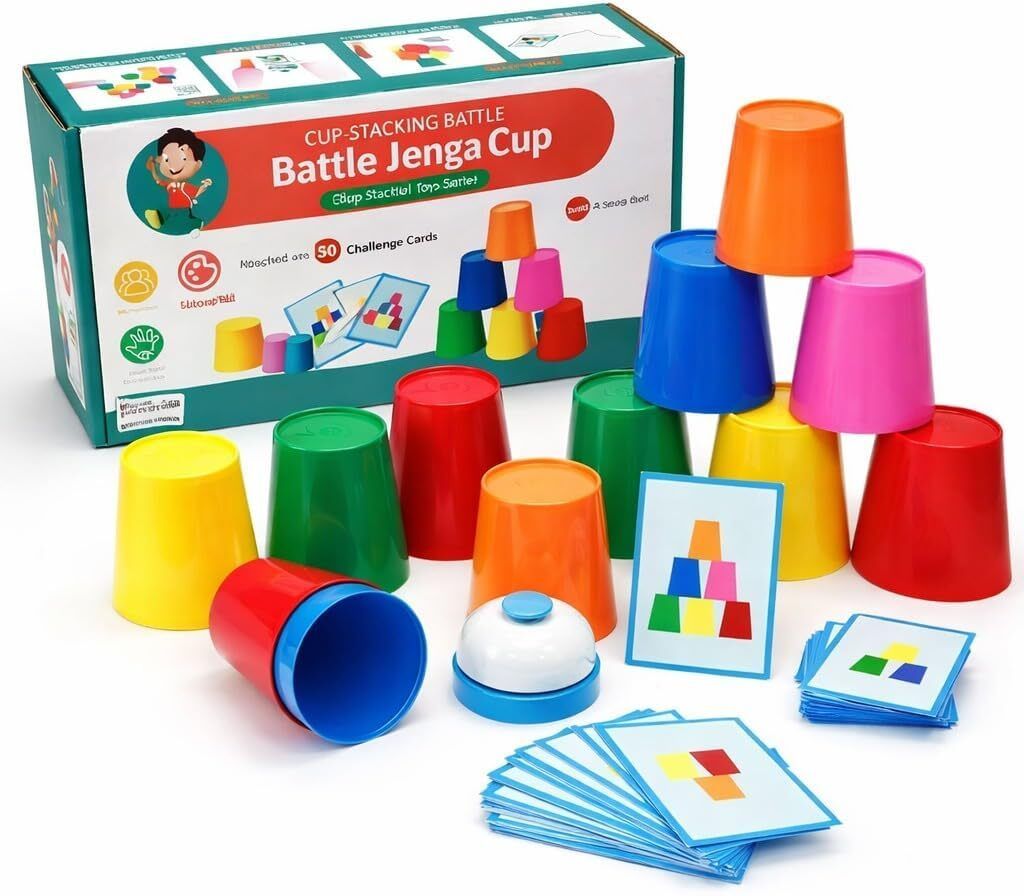 capers Stacking Cups With Bell and 50 Cards For Kids I Jenga Cups Game-picture-28