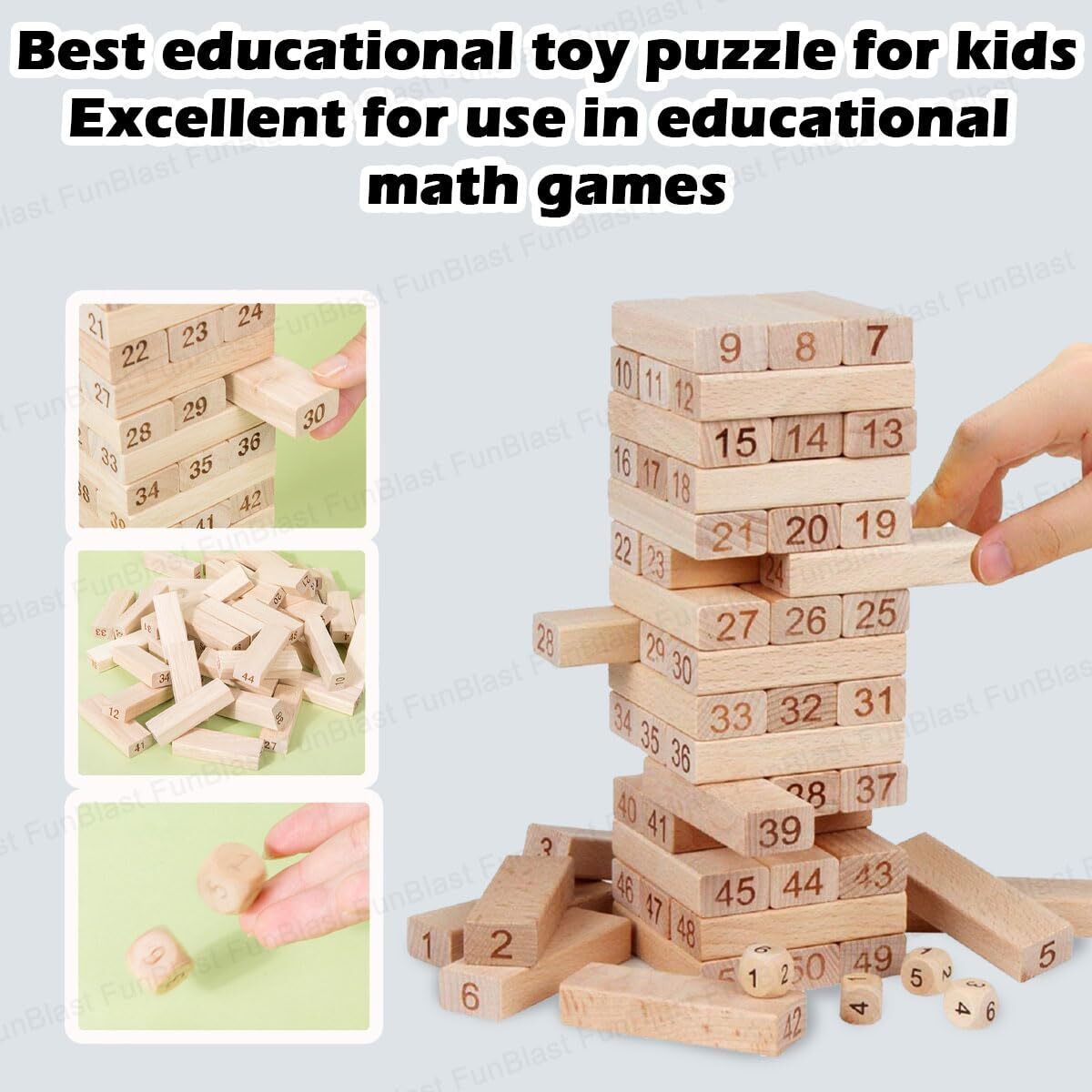 vsindia Wooden Numbered Tumbling Tower Game|51 Pcs 4 Dice Building Blocks-picture-12