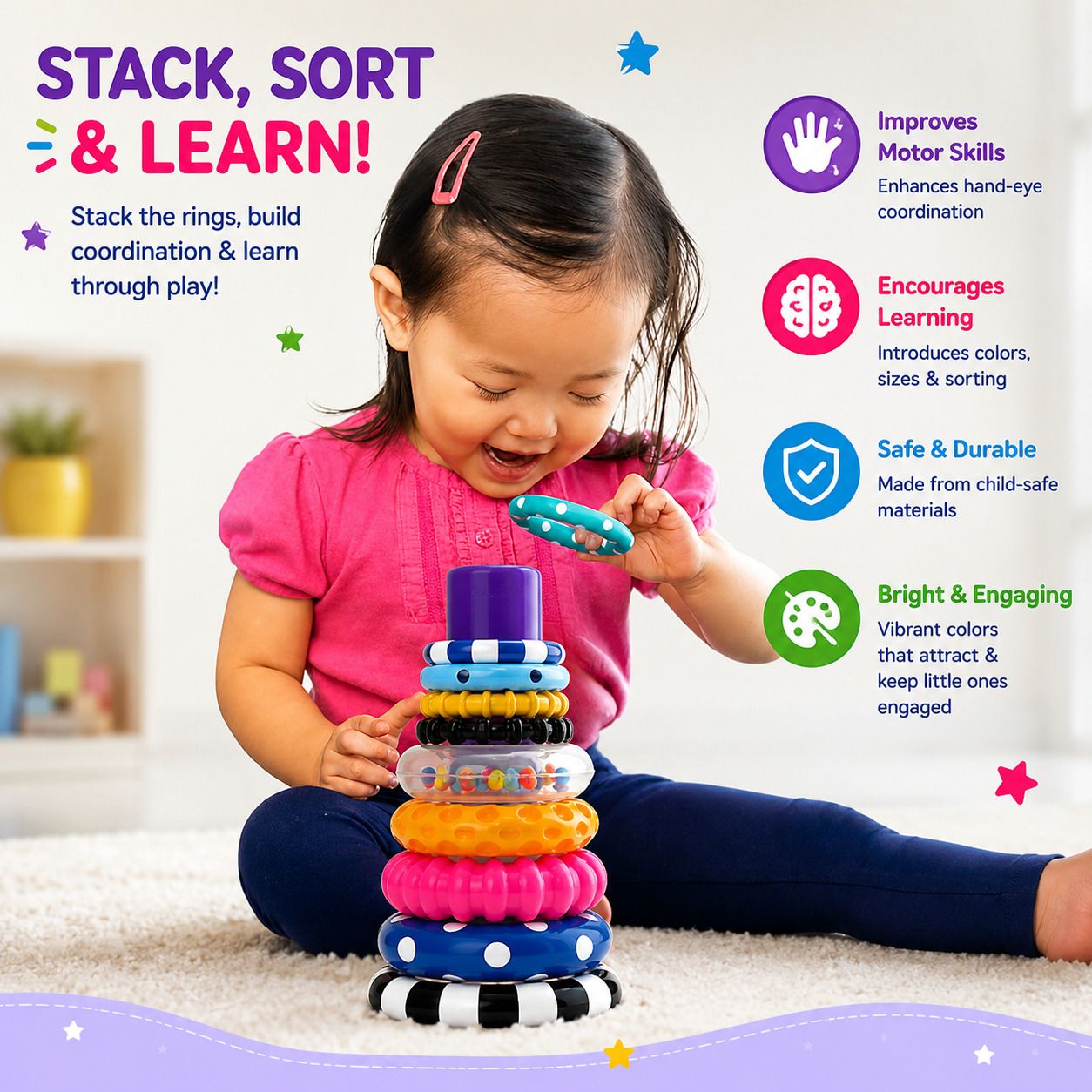 smartkiddo Educational Rainbow Stacking Rings Toy for Baby Learning Play-picture-21