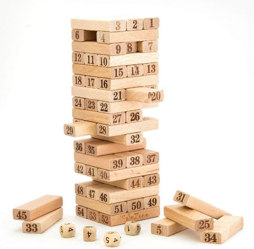 unbox love Premium Wooden Jenga-Style Stacking Tower Game (54 Numbered Blocks & 4 Dices)-picture-26