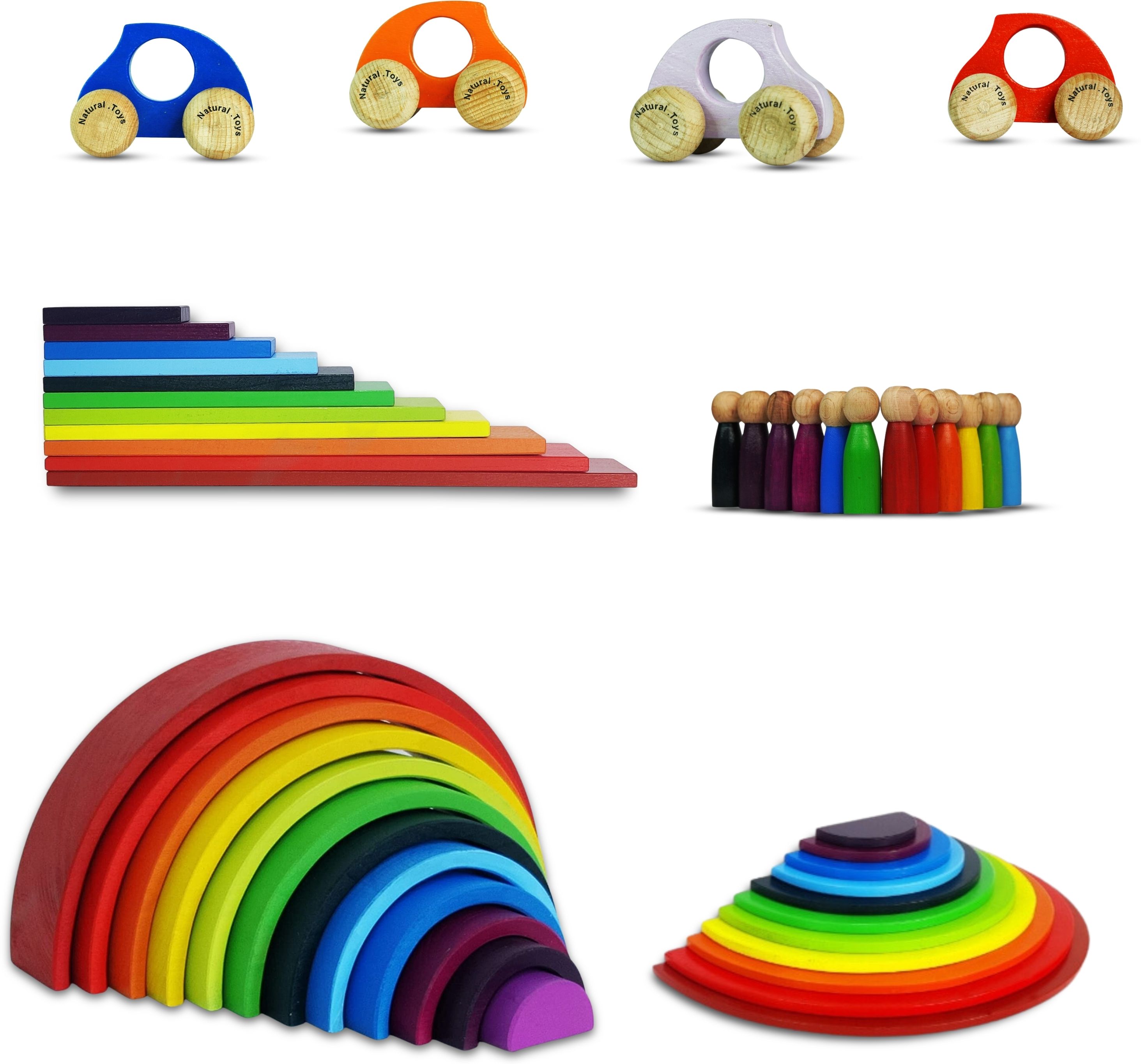 natural.toys Wooden Rainbow 12Pcs Stacking Toy+11PC Semi Circle+11PC Plank+12 Peg Doll+4 Cars-picture-19