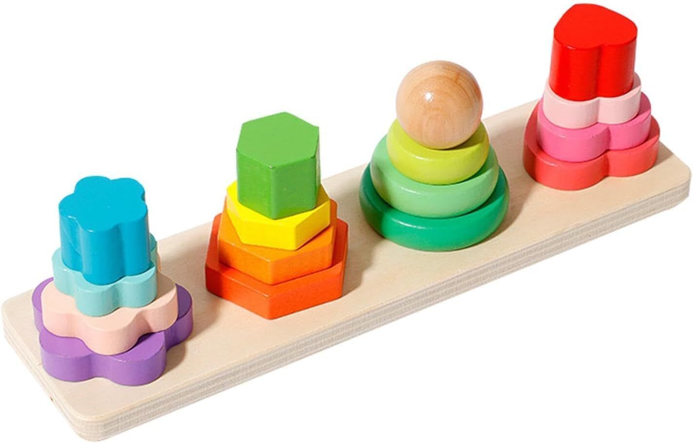 safamarwah Wooden Four-Pillar Stacking Block Toy 16 Colorful Shape & Color Sorting Blocks-picture-23