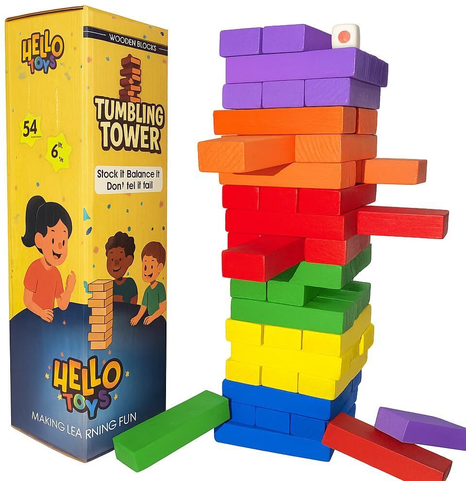54 Pcs Colorful Wood Stacking Game Montessori Tumbling Tower Blocks Family Game