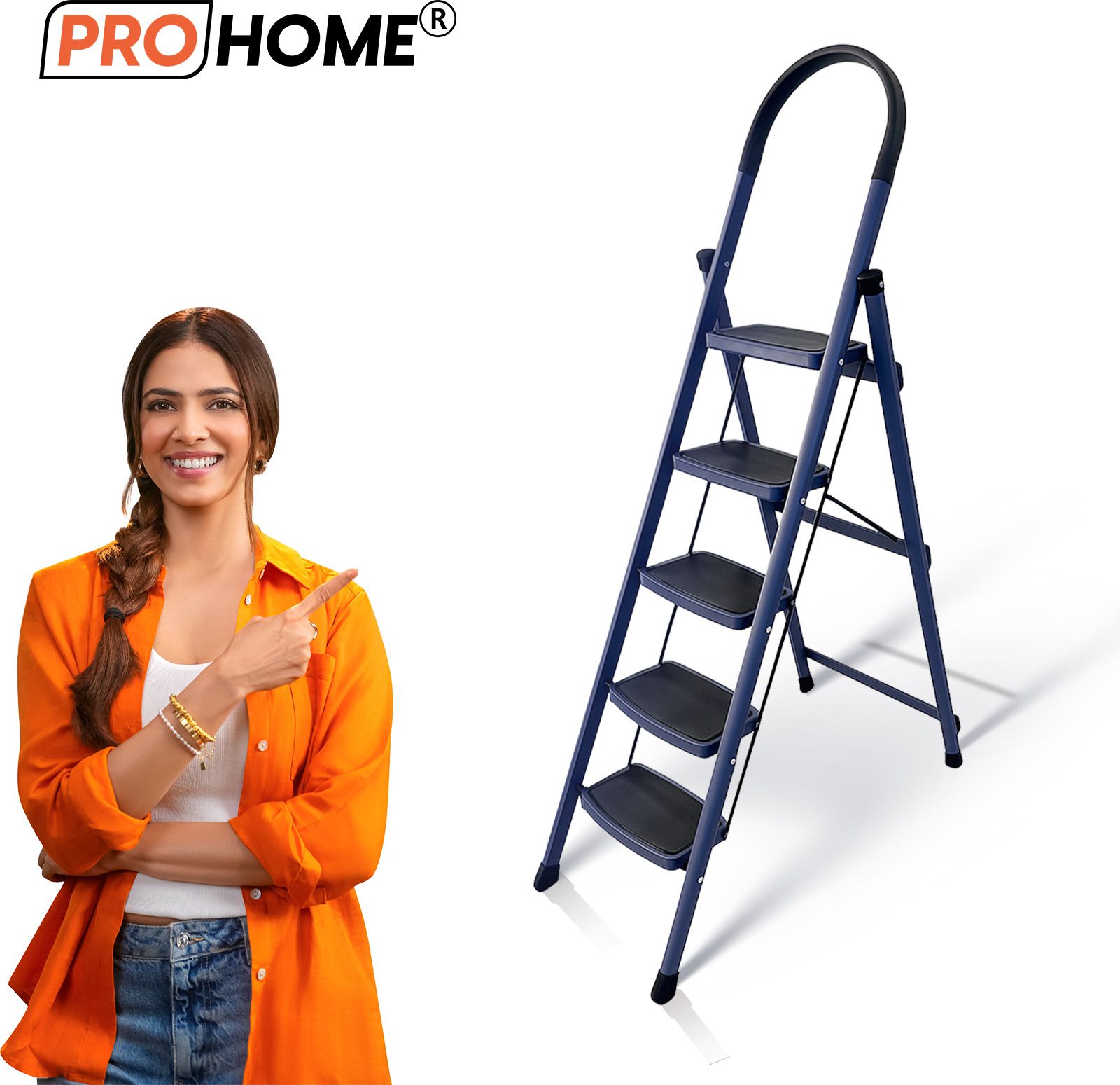 prohome 5 Step Vetro Foldable Steel Ladder for Home | 150kg Capacity with Anti Slip Shoe Steel Ladder-picture-23
