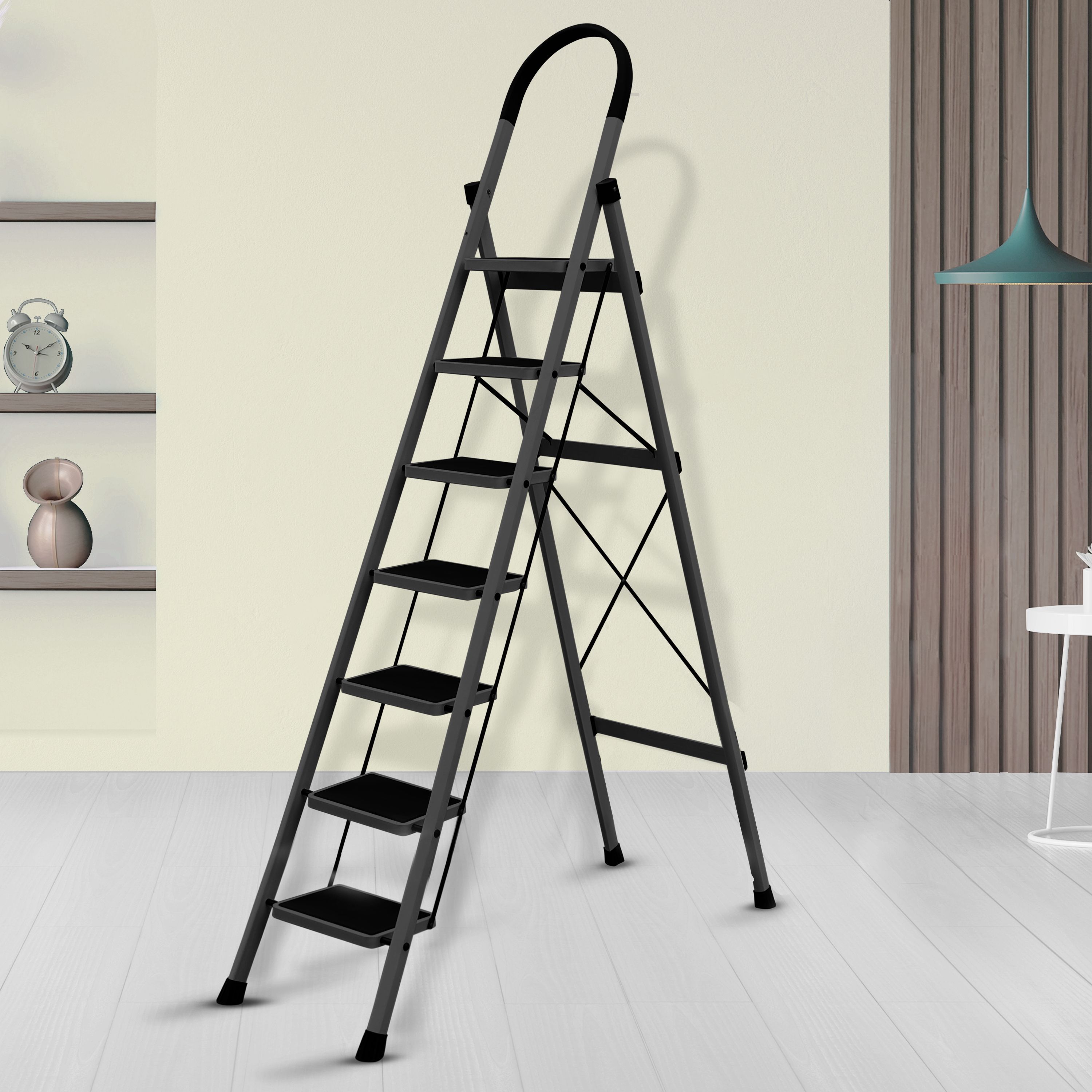 Anti-Skid Strong Foldable Wide 7 Step Ladder/Ladder for Home-(Apex -Black) Steel Ladder-image-8