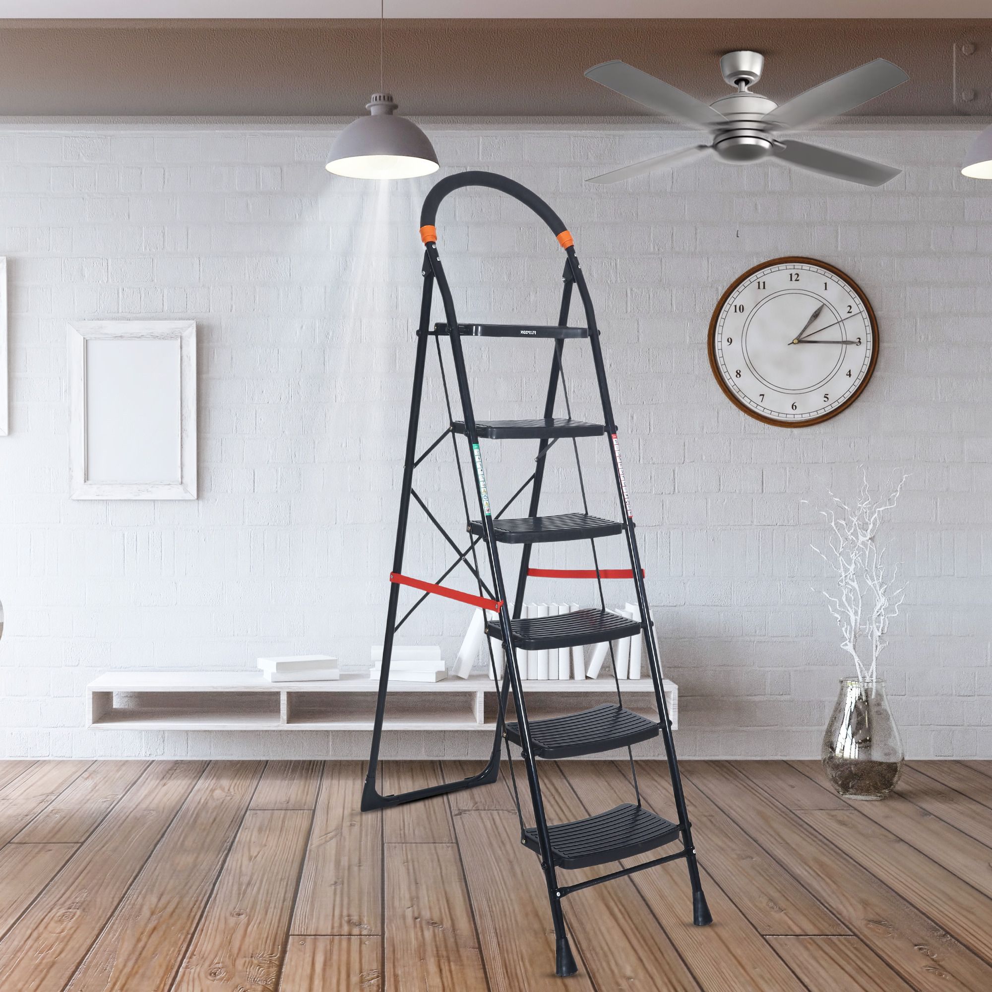 Premium Heavy Foldable Cameo 6 Steps Ladder with Wide Steps & Anti-Skid Shoes - Black Steel Ladder-image-39