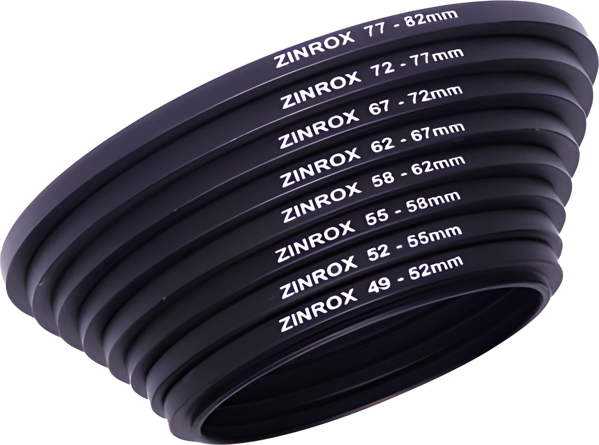 ZINROX Step Up Lens Filter Adapter Rings - Set of 8pcs - Allows You to Fit Larger Size Lens Filters on a Lens with a Smaller Diameter - Sizes: 49-52mm, 52-55mm, 55-58mm, 58-62mm, 62-67mm, 67-72mm, 72-77mm, 77-82 mm - BLACK Step Up Ring Set (49 - 82 mm) Step Up Ring