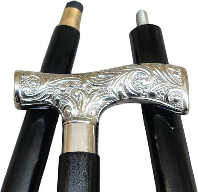 Elegant Silver Engraved Handle Wooden Walking Cane Support Stick - 12 inch-image-45