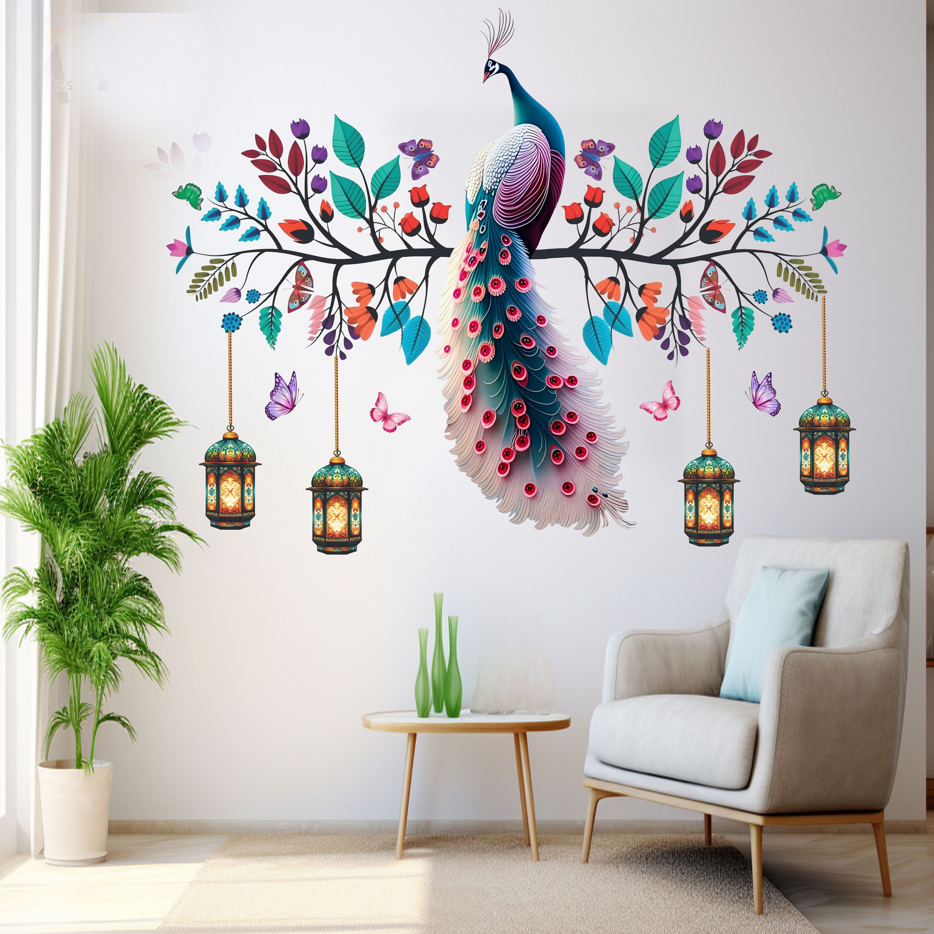 beets collection 80 cm colorful peacock wall with hanging lanterns for Living Room Office Home and more Self Adhesive Sticker-picture-11