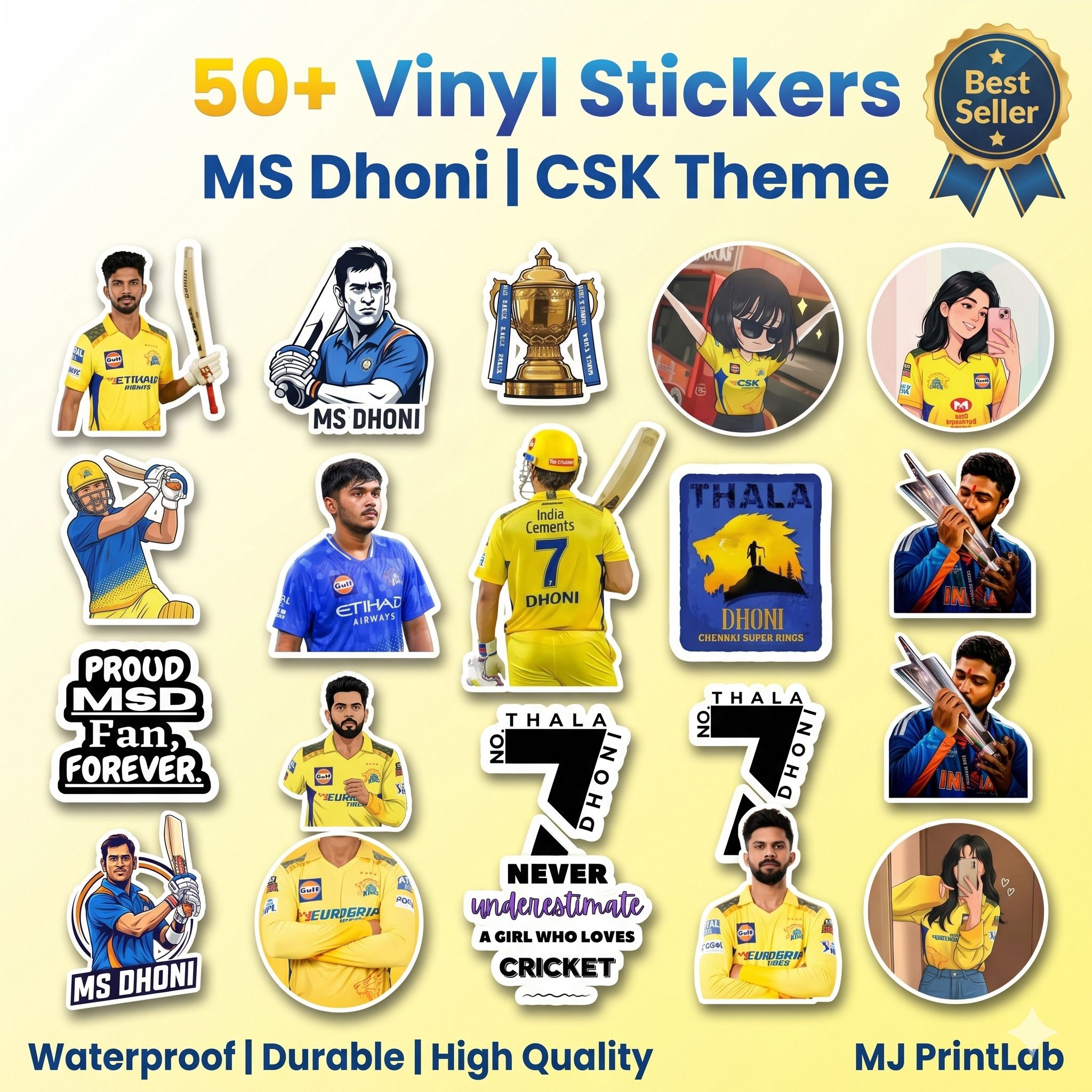 5 cm MS Dhoni CSK Vinyl Stickers Pack (30+) Waterproof Thala Collection Self Adhesive Sticker-image-38