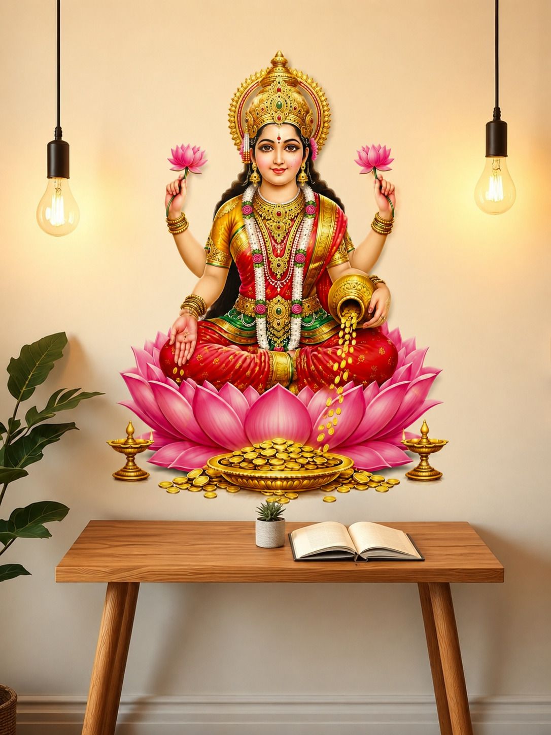 61 cm Goddess Lakshmi Wall Sticker Pooja Room Decor, Lotus & Gold Coins Self Adhesive Sticker-image-21