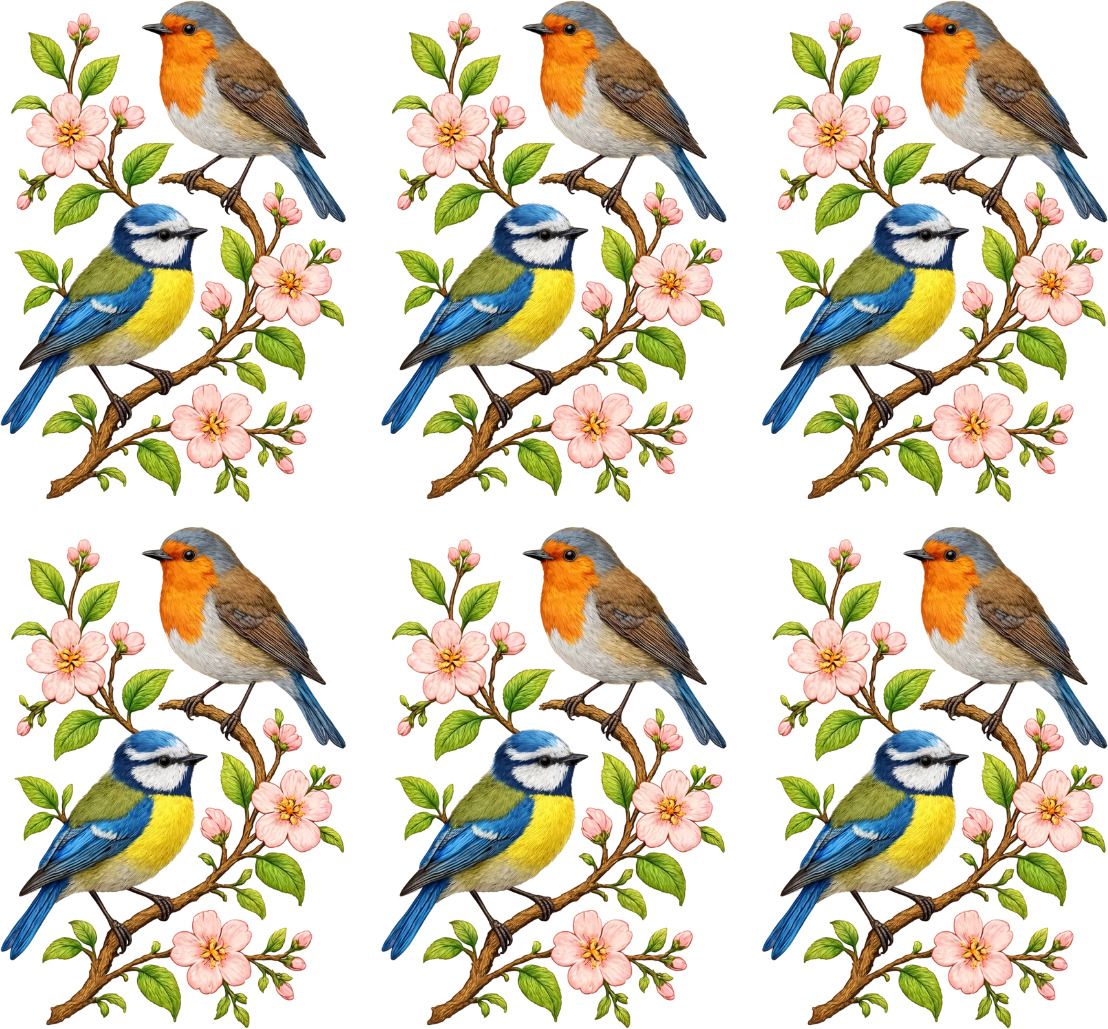 5 inch Robin Blue Tit Cherry Blossom Birds DTF Heat Transfer Patch for Kurti Tee Self Adhesive Sticker-image-38