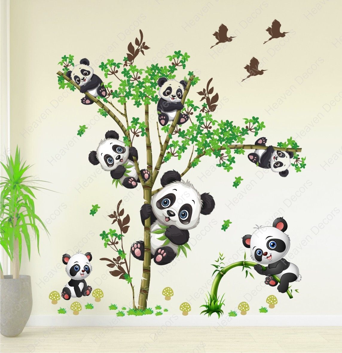 110 cm Kids Panda On Tree And Baby (Ideal Size On wall - 95 x 110 cm Self Adhesive Sticker