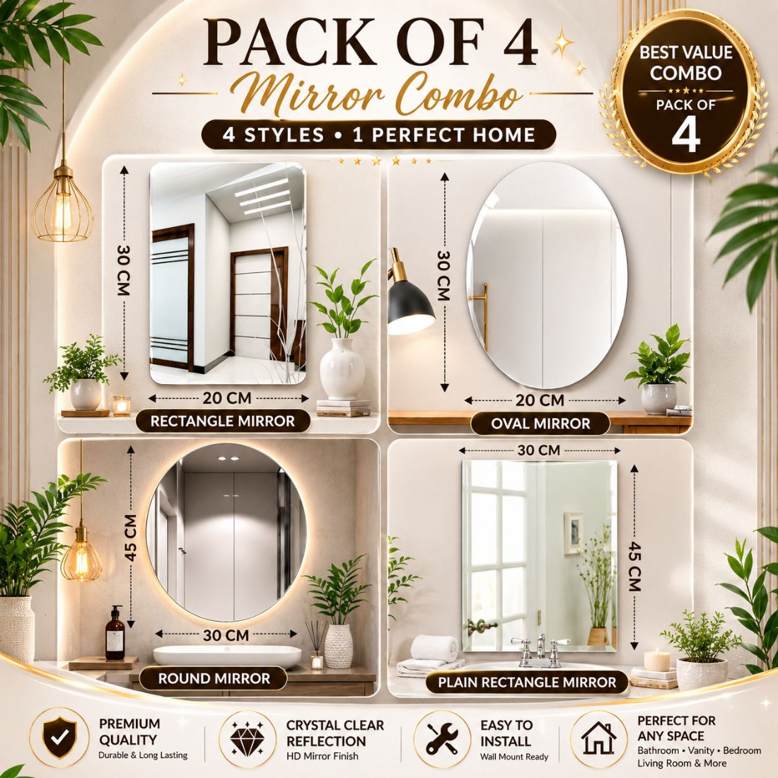 30 inch Pack of 2 Frameless Rectan0gle Wall Mirror, 20 x 30 cm Decorative Double-sided Sticker-image-41