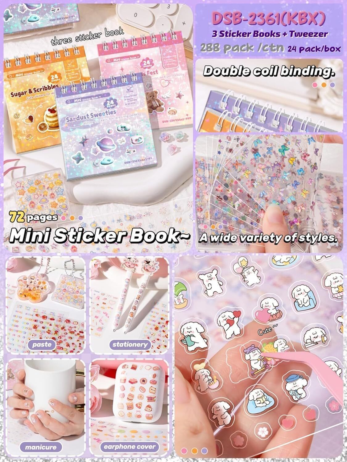 8 inch Mini Sticker Book Set – 3 Design Glitter Stickers with Tweezer, 72 Pages Each Self Adhesive Sticker-image-8