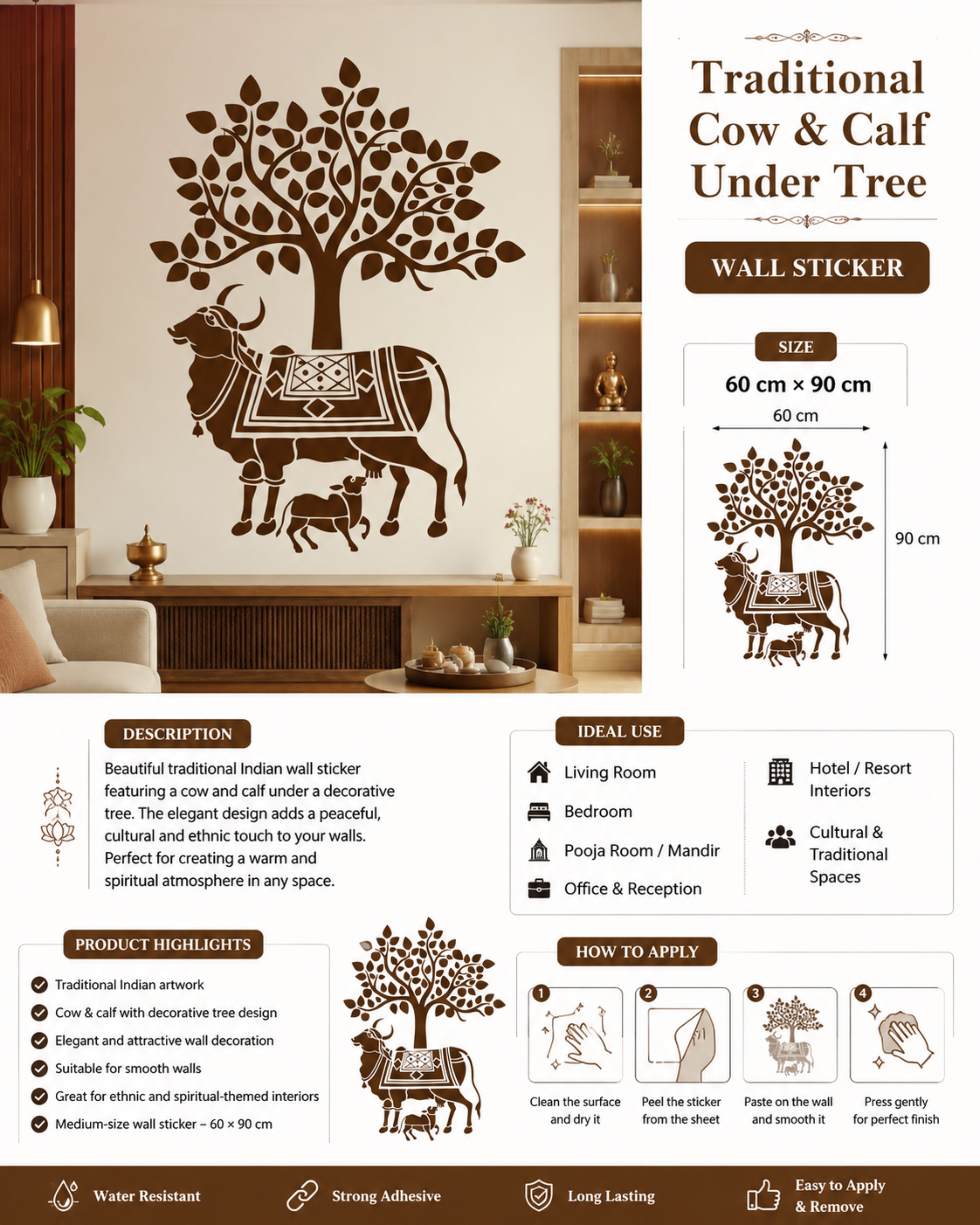 24 inch Royal Indian Cow Tree Wall Sticker Self Adhesive Sticker-image-2