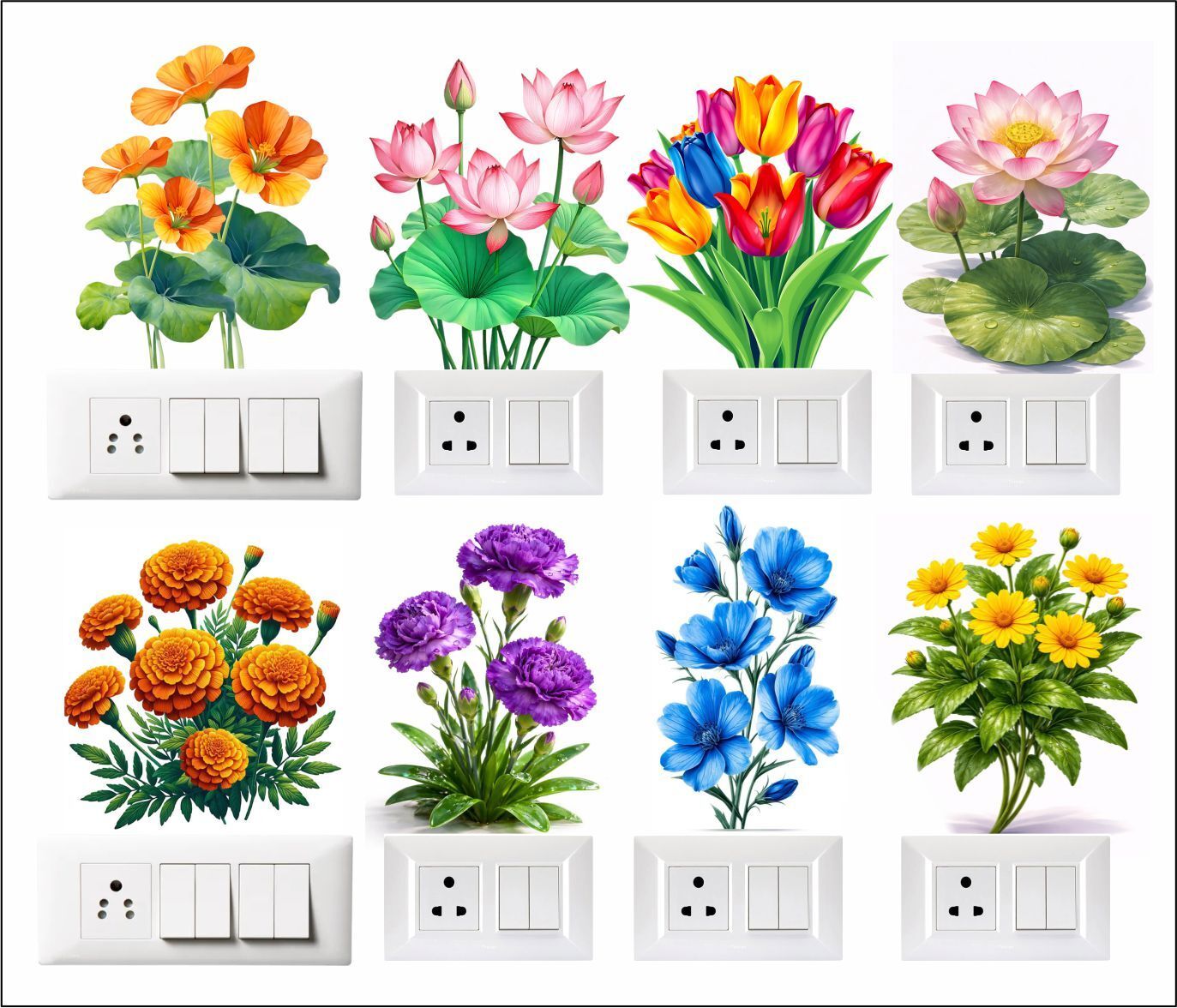48 cm Set of 8 Beautiful Flowers Picture Printed on Vinyl switch board Stickers Self Adhesive Sticker-image-42