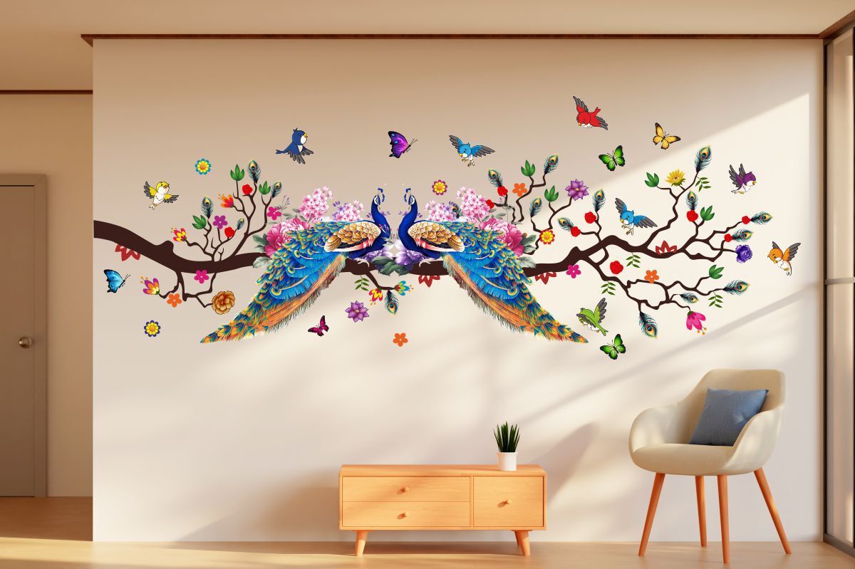 51 cm Two Peacocks Birds Butterflies Wall Sticker Self Adhesive Sticker-image-8