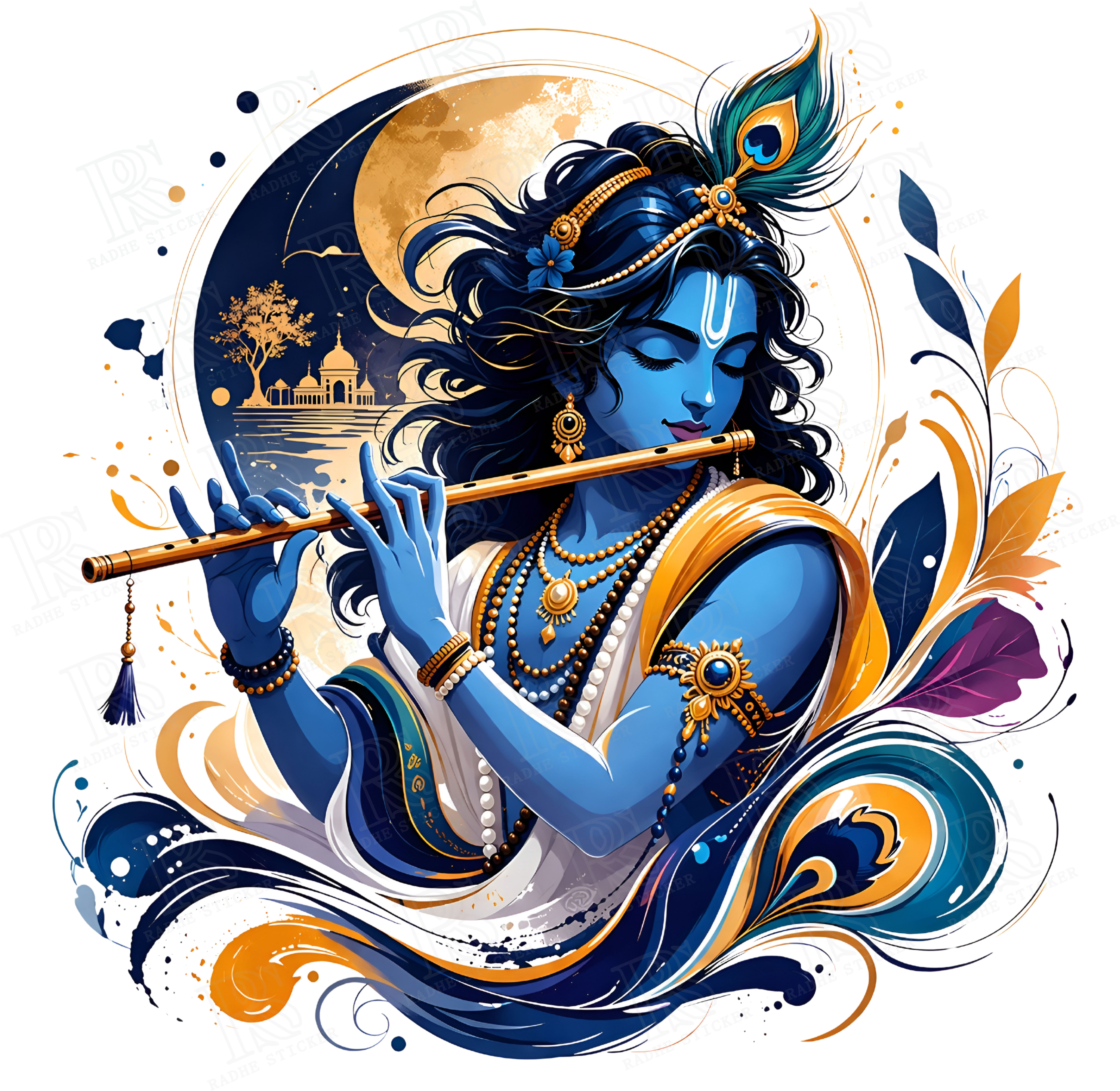 radhe 58 cm Krishna Playing Flute Wall Sticker For Wall Decoration Pooja Room Self Adhesive Sticker-picture-0