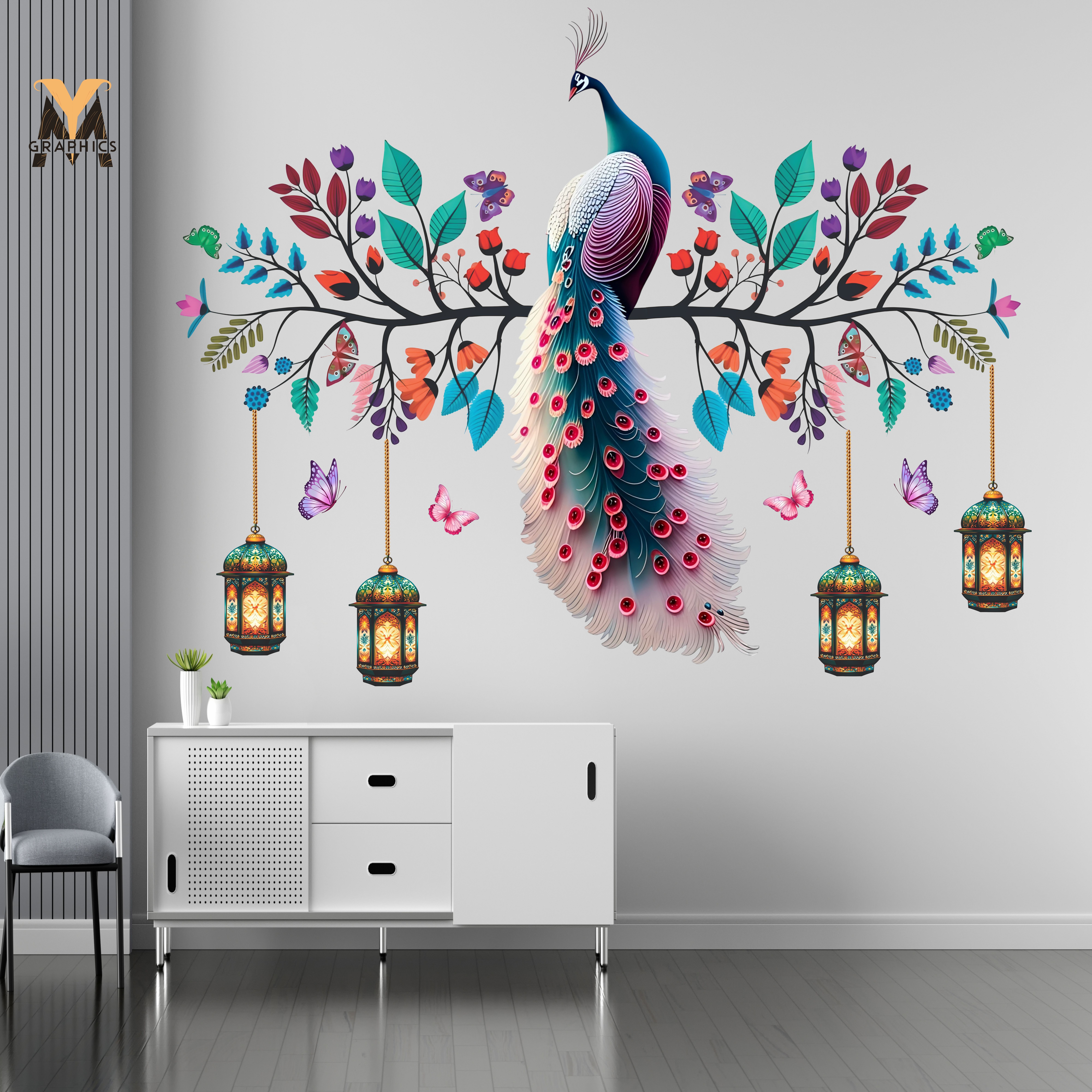 75 cm Colourful Peacock Wall Art Decal with Hanging Lanterns Decorative Wall Sticker Self Adhesive Sticker