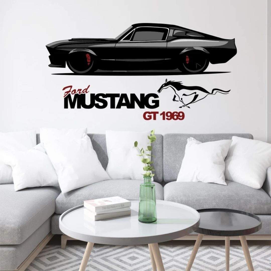 120 cm Ford Mustang GT 1969 Wall Sticker, Black Classic Muscle Car Silhouette Self Adhesive Sticker-image-30
