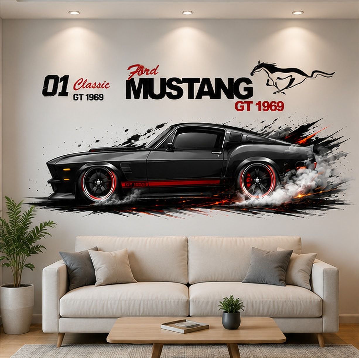 80 cm GT 1969 Classic Muscle Car Wall Sticker | Black & Red Racing Smoke Design Self Adhesive Sticker-image-23