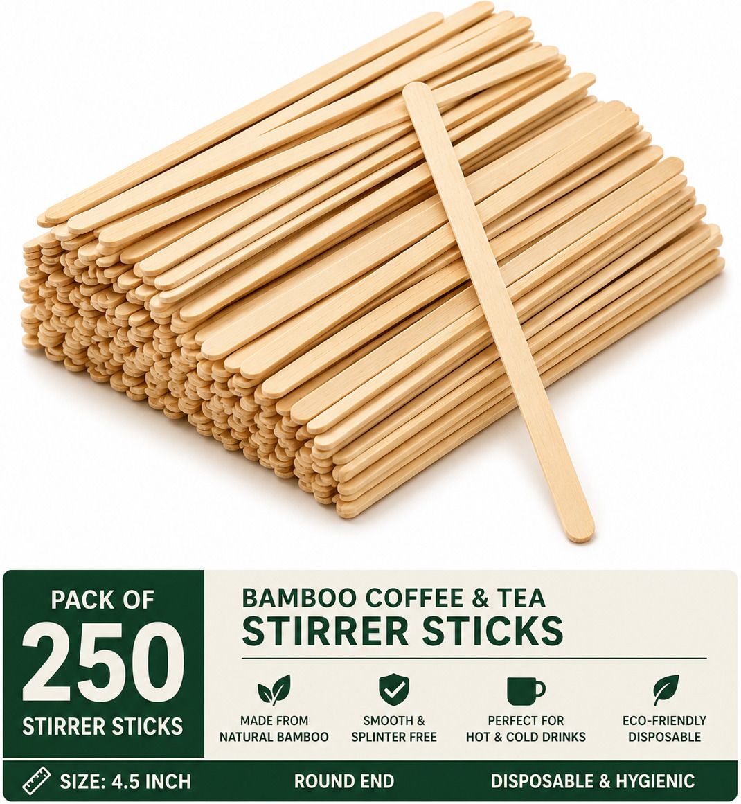 swastha hygiene Disposable Bamboo Coffee & Tea Stirrer Sticks, Round End, 4.5 Inch, Pack of 250 Bamboo 12 cm Stirrer-picture-18