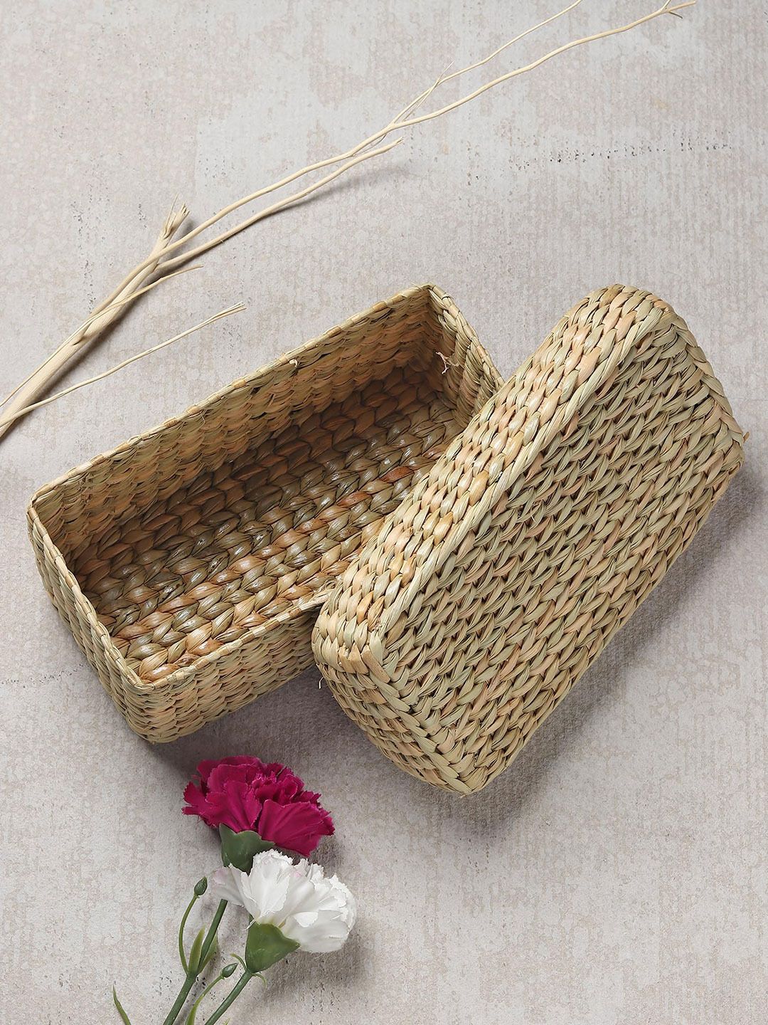 Seagrass Compact Seagrass Storage Box with Lid for Accessories & Small Items Storage Basket-image-13