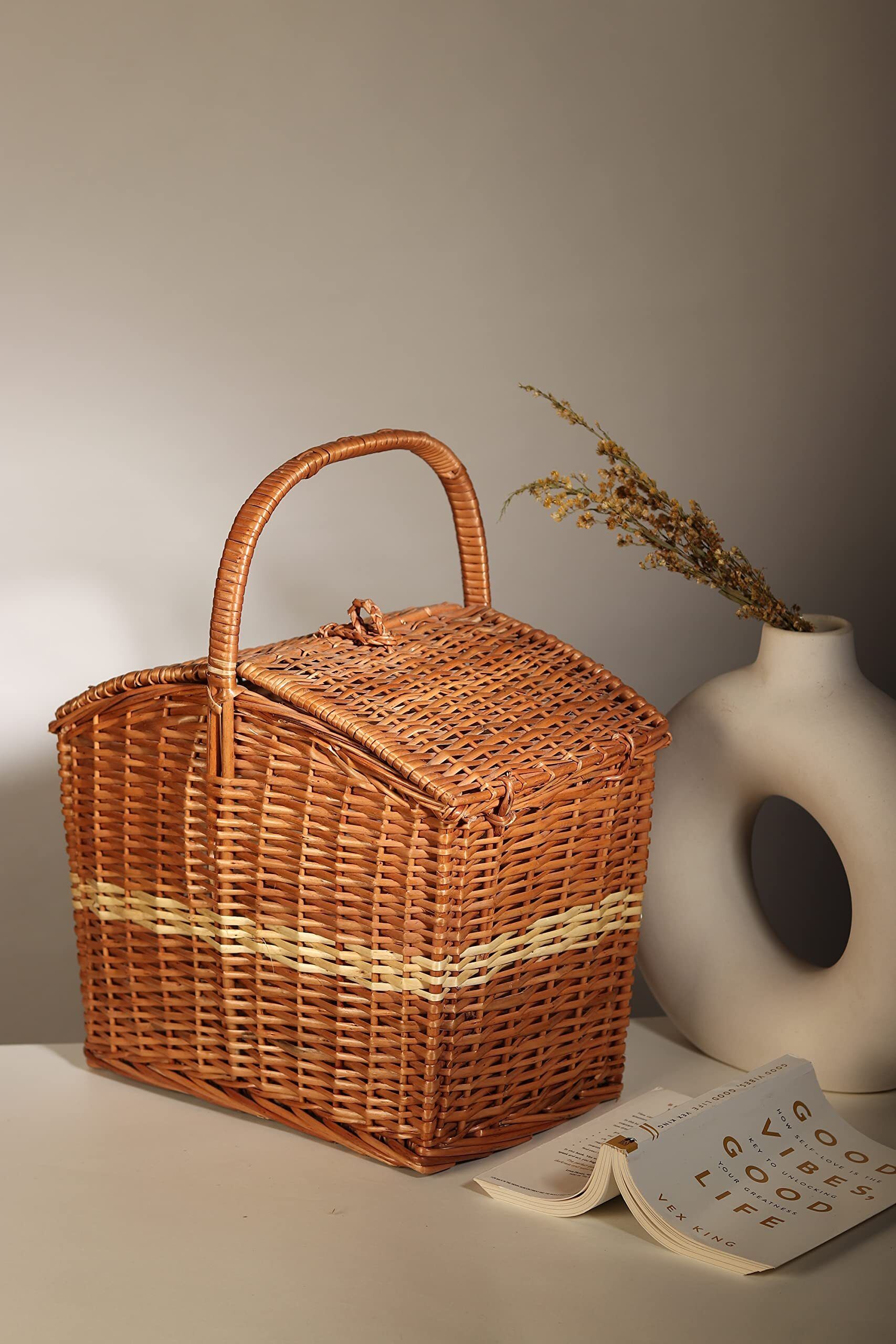 habereindia Bamboo Rustic Wicker Picnic Basket Handmade for Beach, Picnic & Weekend Trips Storage Basket-picture-42