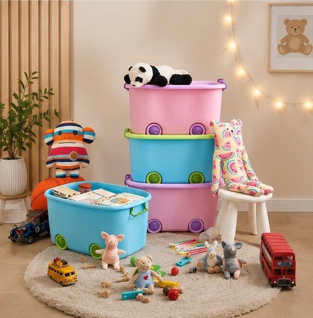 vishwaspoly Plastic 25L Storage Box with Wheels Lid Durable Stackable Organizer Multi Colour Storage Basket-picture-2