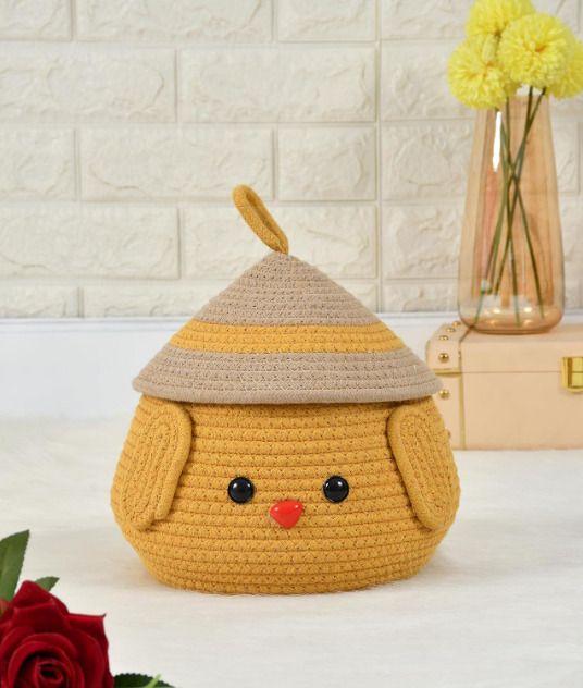Cotton Handmade Crochet Chick Storage Basket with Lid | Yellow Cute Storage Basket-image-15