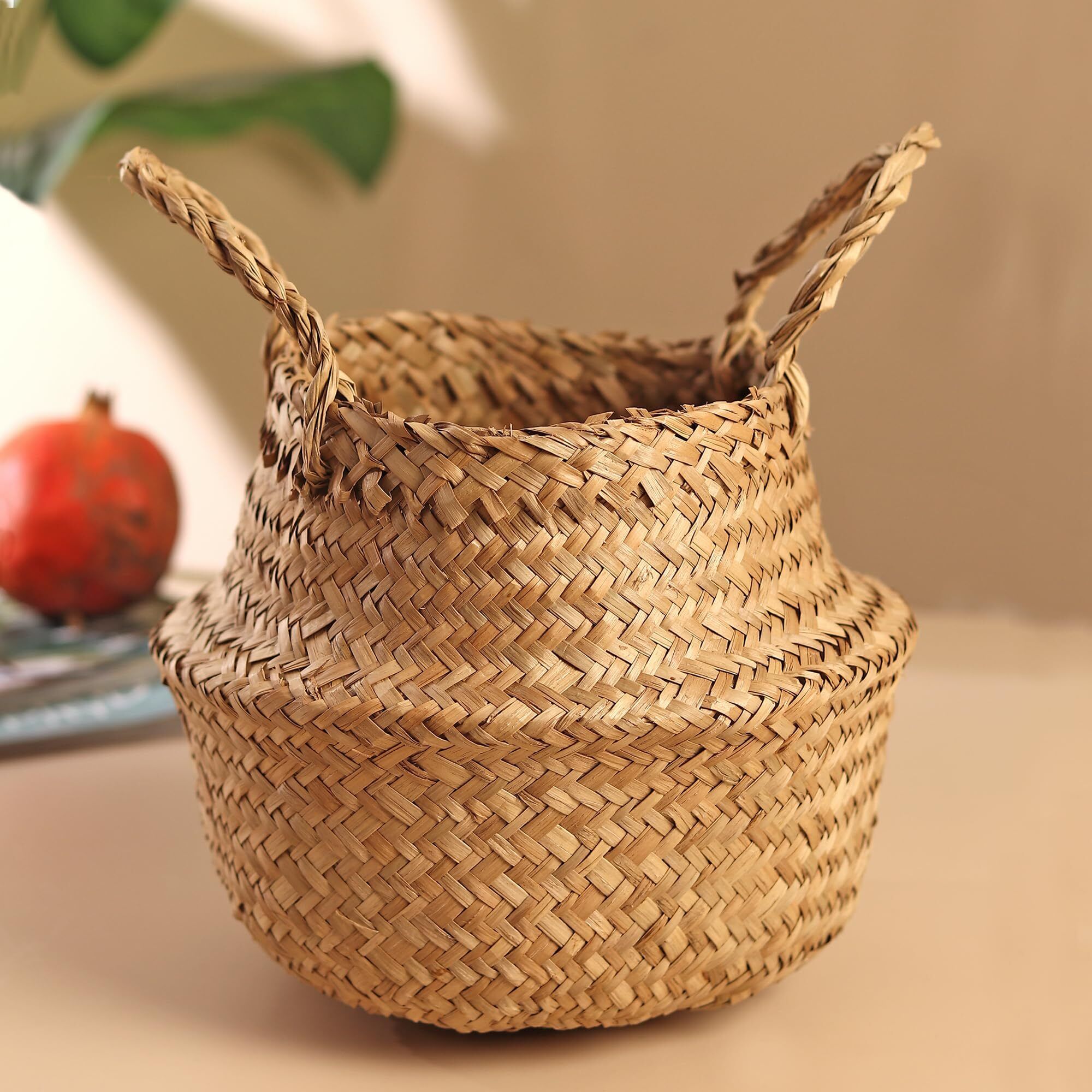 habereindia Bamboo Handwoven Bamboo Belly Basket Beige Blue for Houseplants and Soft Storage Storage Basket-picture-17