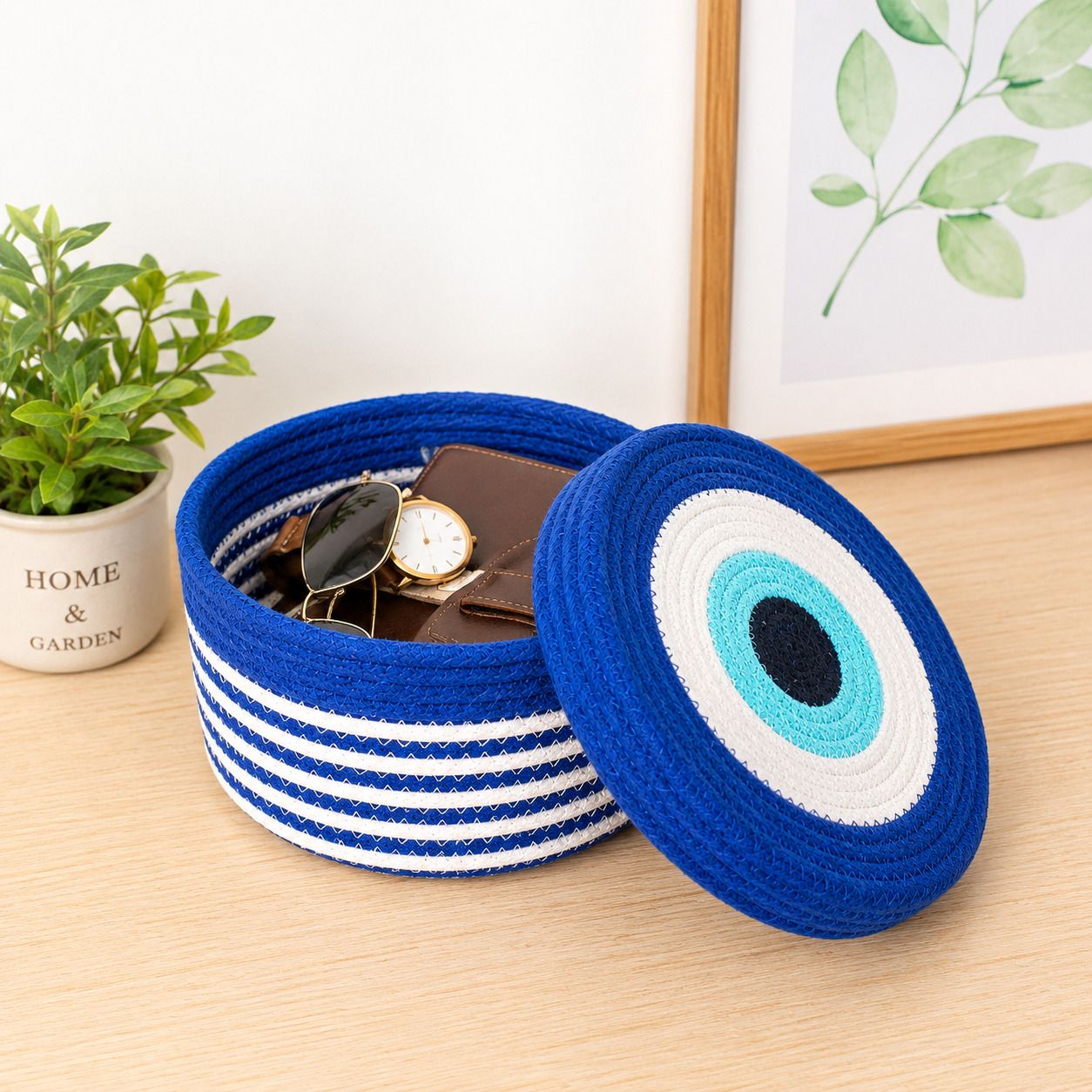 ktrugs Cotton Evil Eye Rope Storage Basket with Lid | Decorative Organizer Box | Multipurpose Storage Basket-picture-25