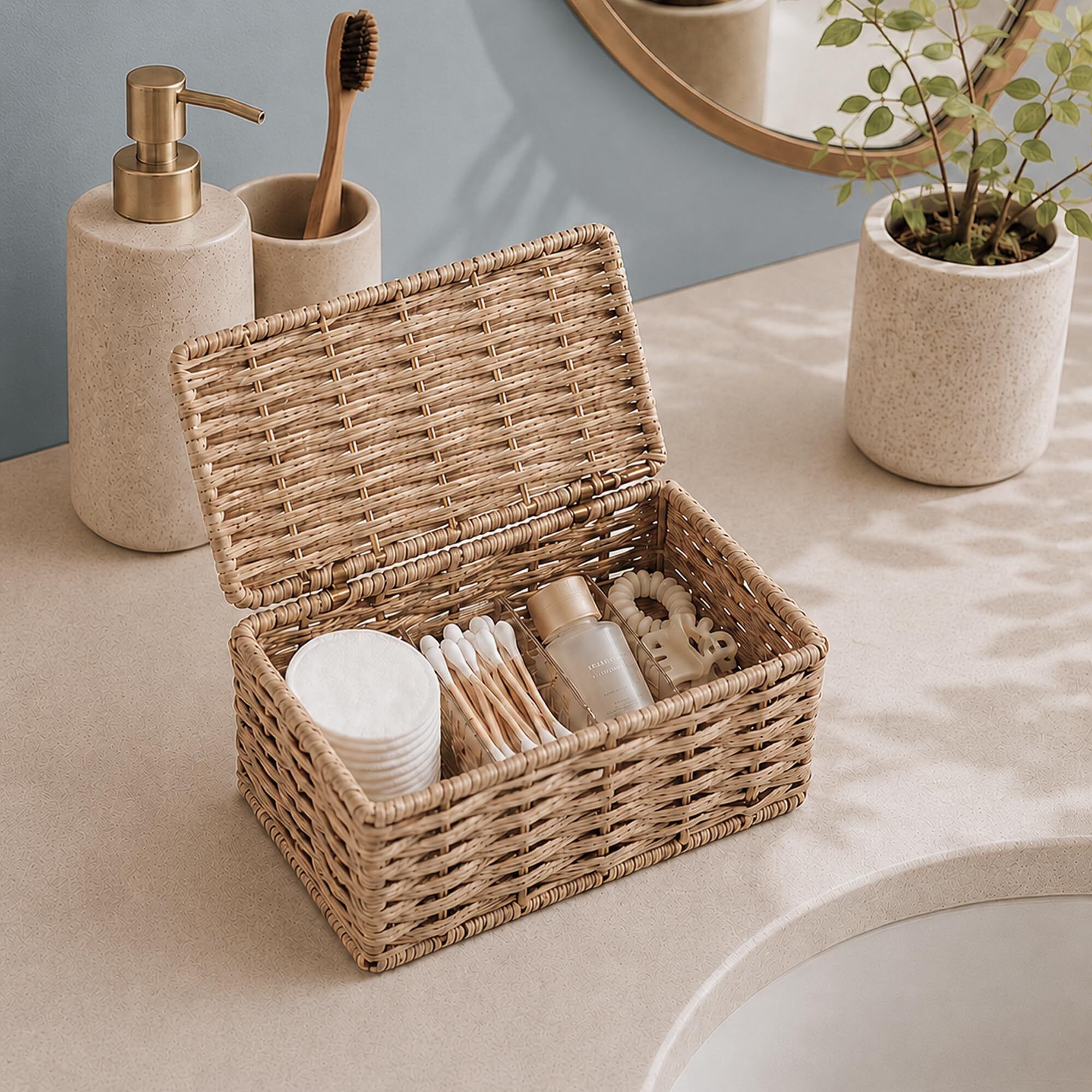 Bamboo Raffia Handwoven Storage Box with Lid for Home Organization Storage Basket-image-24