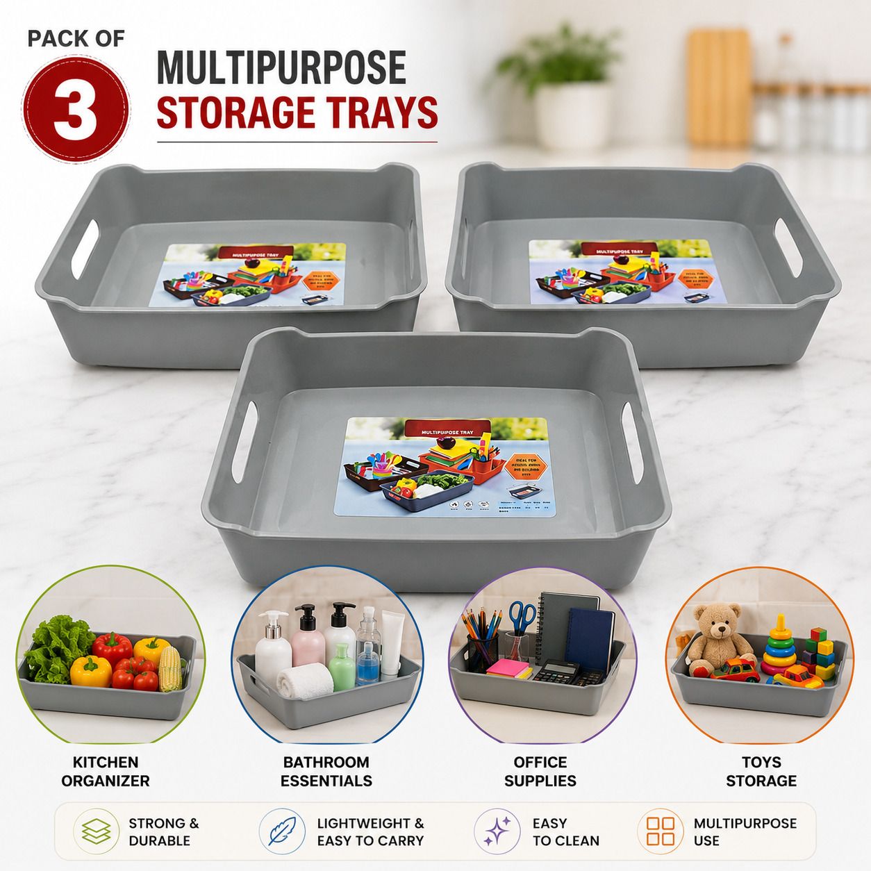 Plastic Pack of 3 Multipurpose Plastic Storage Tray for Kitchen, Bathroom Storage Basket-image-12