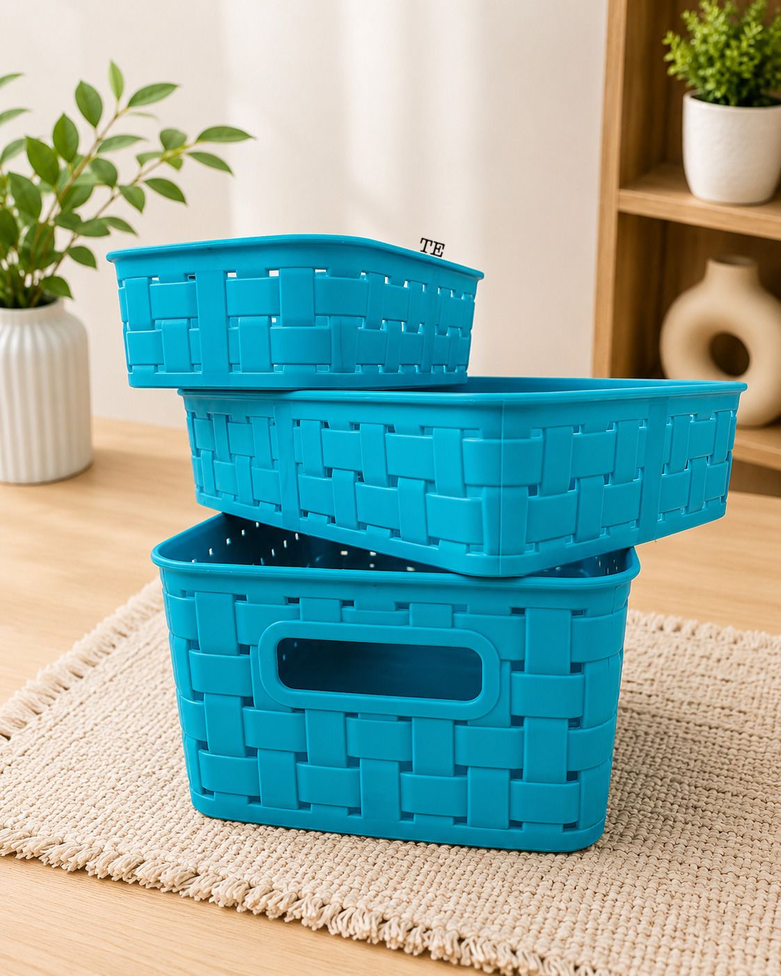 Plastic Trinetra Premium Woven Storage Basket Set of 3 | Multipurpose Organizer Storage Basket-image-5