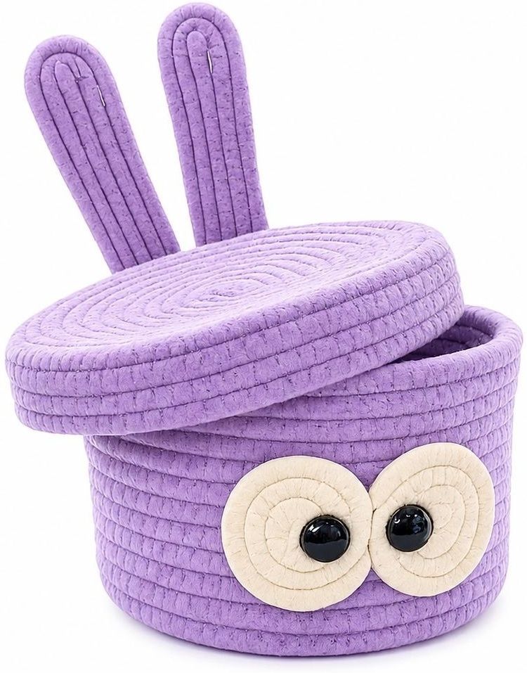 Cotton, Jute Cute Bunny Storage Basket with Lid Purple, Decorative Container with Eyes Design Storage Basket-image-2
