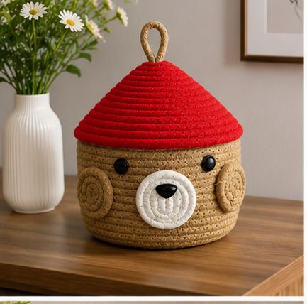 sunitaenterprises Cotton, Jute Bear Shape Woven Storage Basket with Lid Storage Basket-picture-31