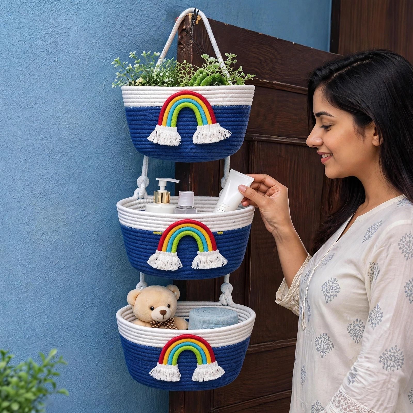 shri shyam Jute 3 Tier Cotton Rope Hanging Storage Basket Organizer | Blue Rainbow Design Storage Basket-picture-21