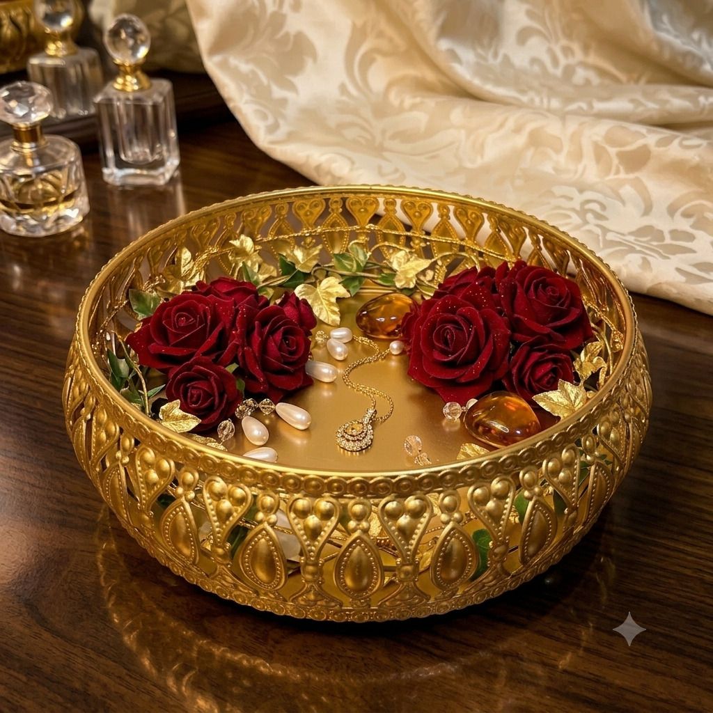 Iron Vintage Gold Round Decorative Metal Tray 6 Inch Vanity Jewelry Organizer Bowl Storage Basket-image-21